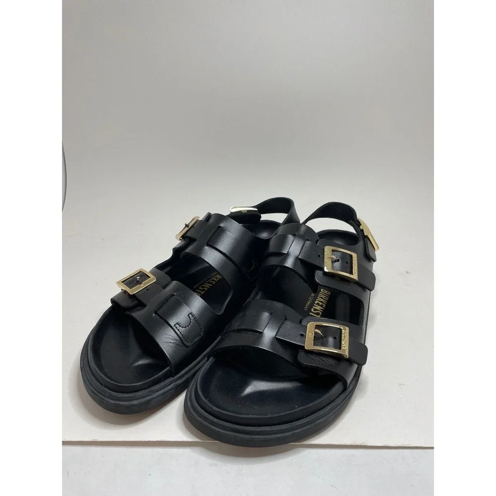 Birkenstock Cannes Leather Black Gold Buckle Sandals Men's Size 7 (40)